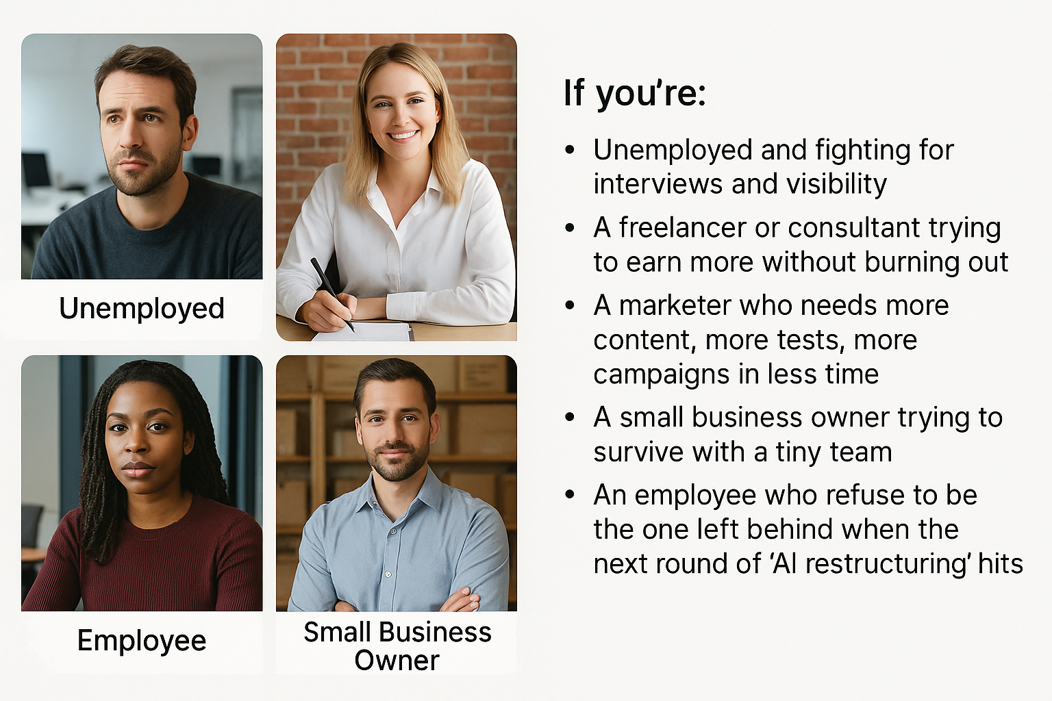 Unemployed, freelancer, employee and small business owner portraits next to a list of use cases for AI training