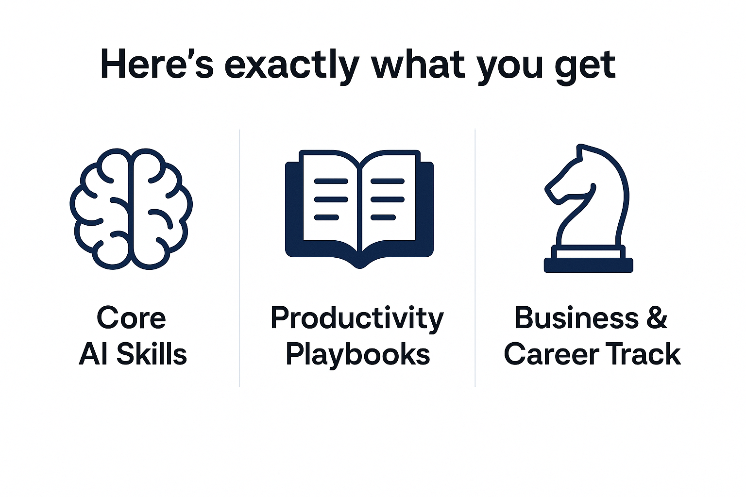 Three columns labelled Core AI Skills, Productivity Playbooks, Business & Career Track with simple icons